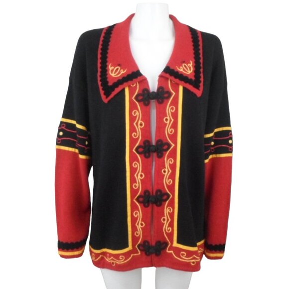 Vintage Pronto Gold Cardigan Sweater Black Red Frog Clasp - Picture 1 of 7